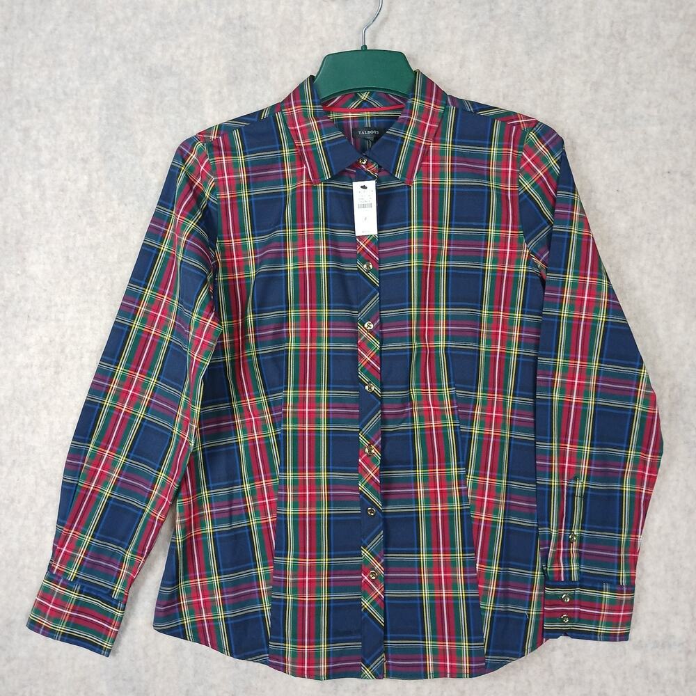 Talbots Plaid Button Front Shirt‎ Womens 8 Holiday Tartan Gold Crest Button NEW